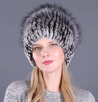 Сіра жіноча шапка з натурального хутра кролика Рекс із помпоном лисиці колір 4 Кавовий із сірим