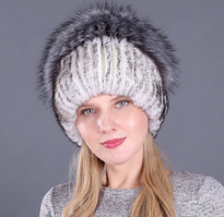 Сіра жіноча шапка з хутра кролика Рекс і помпоном кольору 8. Різні кольори