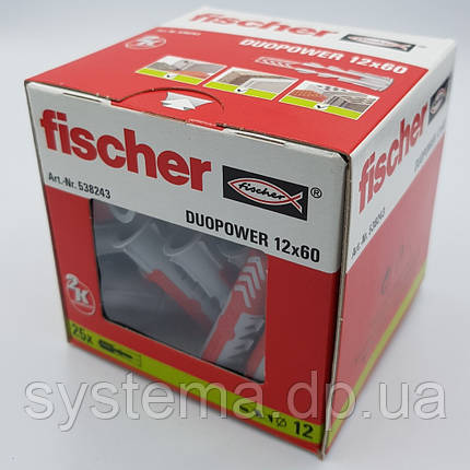 Fischer DUOPOWER 12 x 60 - Нейлоновий універсальний дюбель, упаковка 25 шт., фото 1