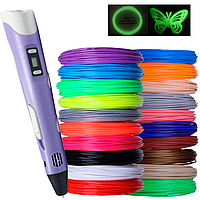 Уцінка! 3D ручка фіолетова +комплект пластику 25 кольорів, 125 метрів +трафарети