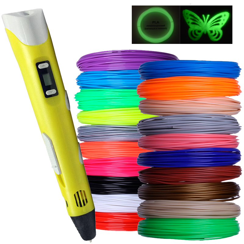 3D ручка жовта з комплектом PLA пластику 25 кольорів 250 метрів +трафарети