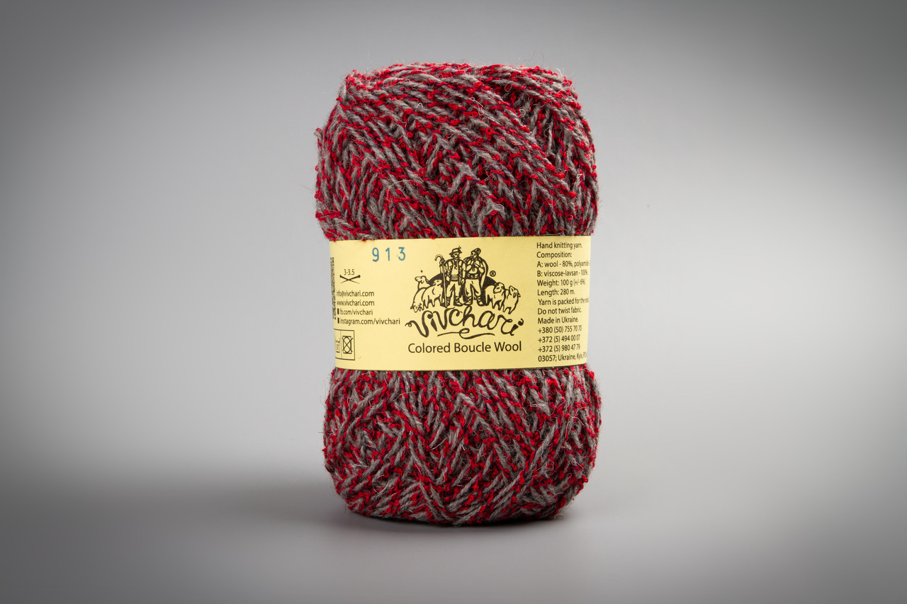Пряжа напіввовняна Vivchari Colored Boucle Wool, Color No.913 червоний букле + сірий