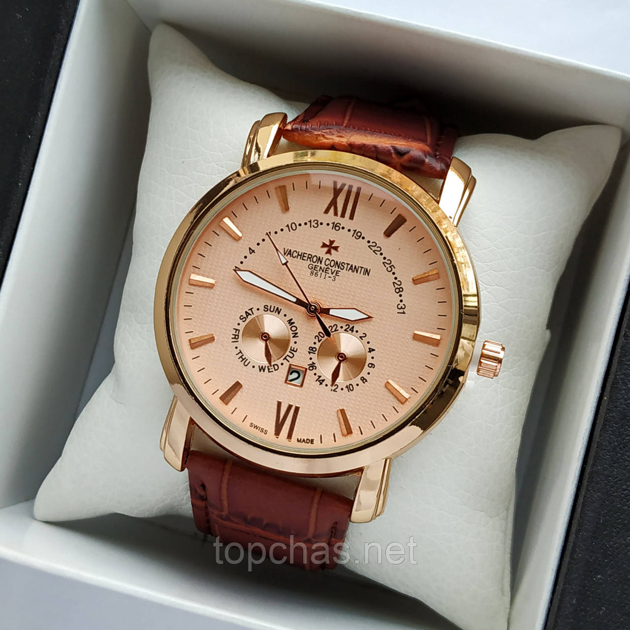 Чоловічий наручний годинник Vacheron Constantin на шкіряному ремінці - золото з золотим циферблатом - код 1839