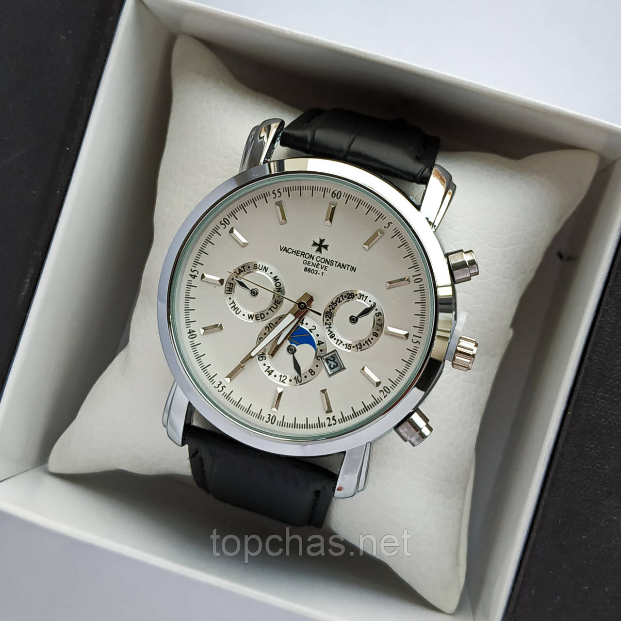 Чоловічий наручний годинник Vacheron Constantin на шкіряному ремінці - срібло з білим циферблатом - код 1840
