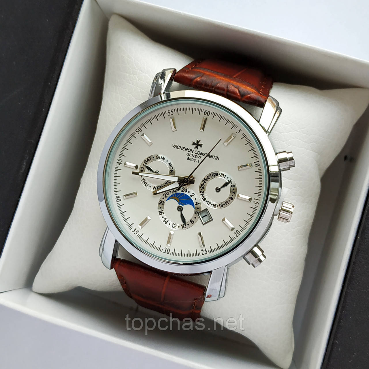 Чоловічий наручний годинник Vacheron Constantin на шкіряному ремінці - срібло з білим циферблатом - код 1842