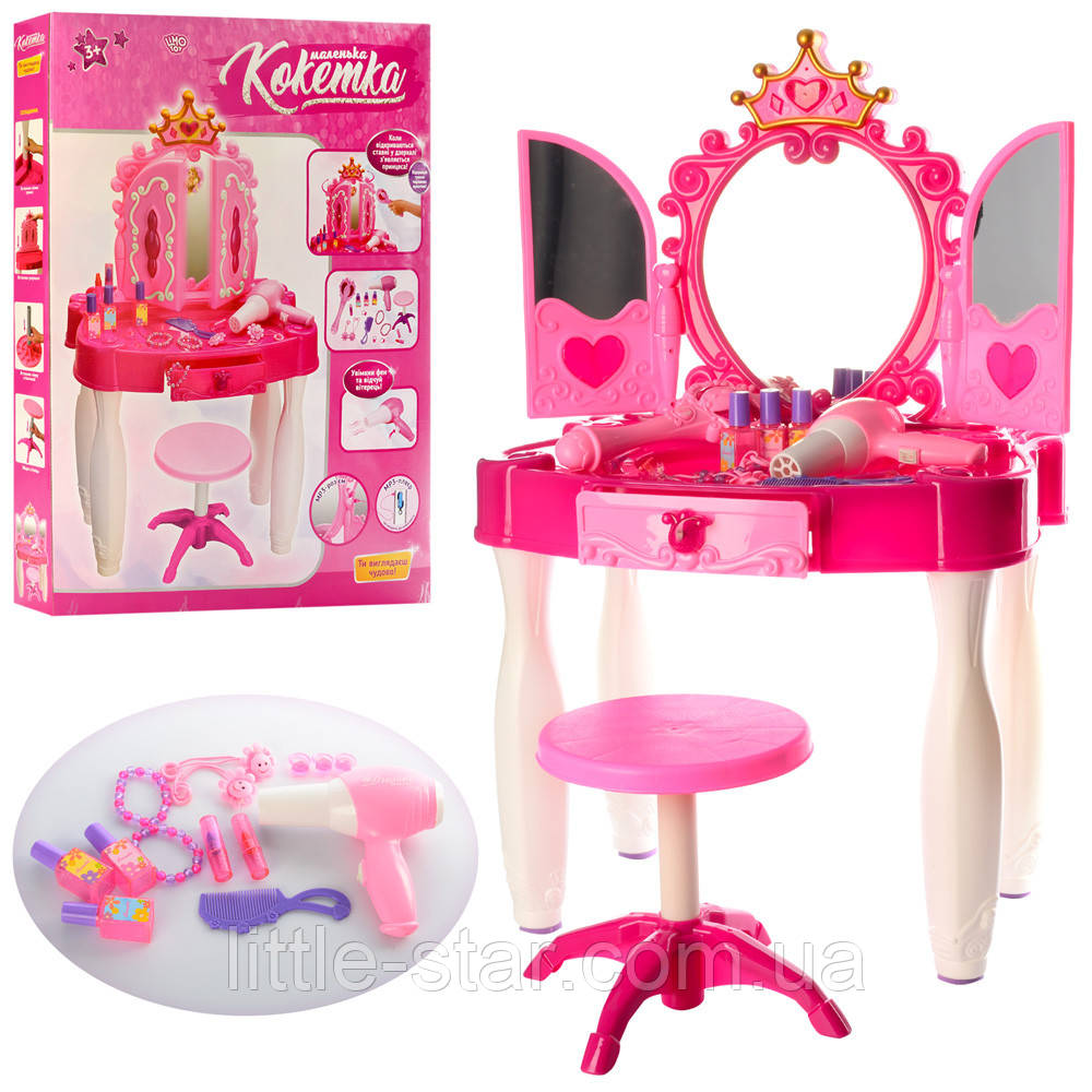 Дитячий туалетний косметичний столик, трюмо, табурет, звук, світло, фен, прикраси, рожевий