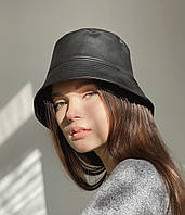 Шкіряна панама жіноча екошкіра з утеплювачем D.Hats чорного кольору