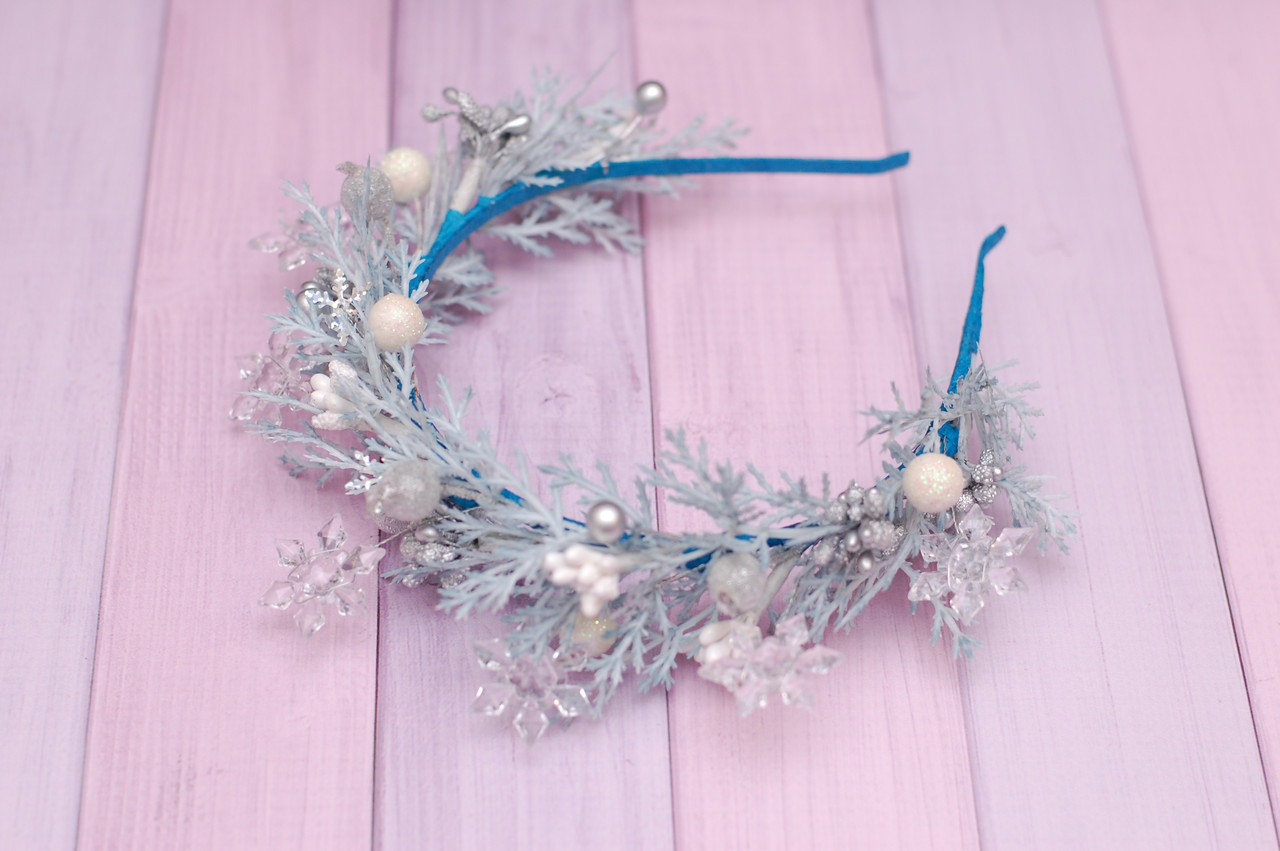 Обруч для волосся новорічний зі сніжинками блакитний 318