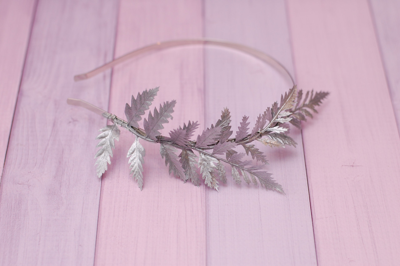 Обруч для волосся/обідок на один бік із листям сріблястий 322 Об, фото 1