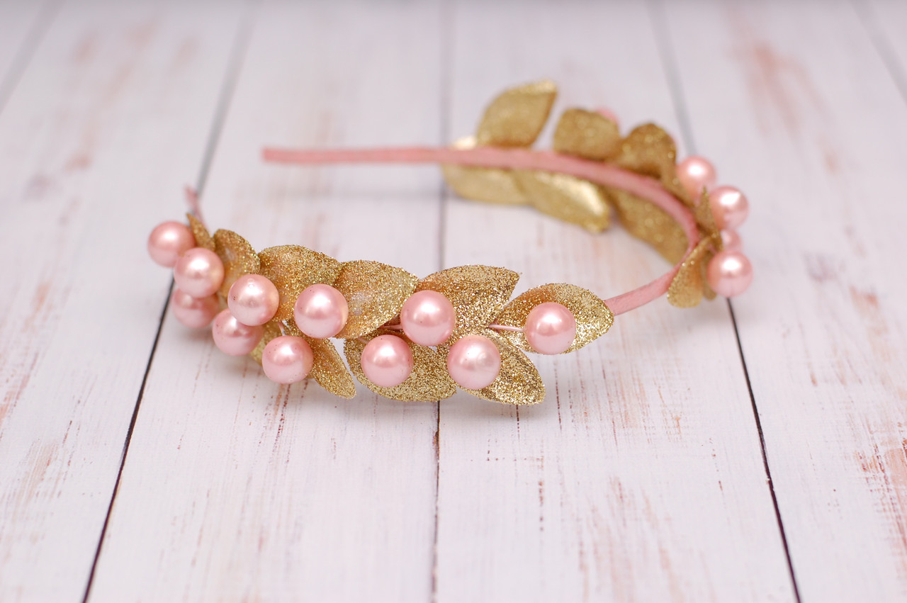 Обруч для волосся / обідок для волосся рожево-золотий з листочками 327 Об, фото 1