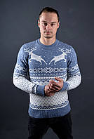 Мужской шерстяной свитер с оленями светло-синий | Мужской новогодний джемпер с оленями TIMOTI Турция 8039