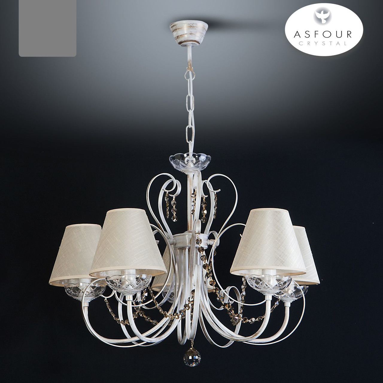 Ніжна кремова люстра для спальні, зали на 5 абажурів, з кришталем, фото 1