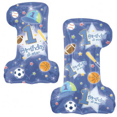 А 19" x 28" 1st Birthday All-Star Boy Foil Balloon - Pkg. Фольгована куля Цифра 1 хлопчику, В УП