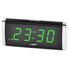 Настільний годинник будильник мережевий з зеленим підсвічуванням VST 730 Black
