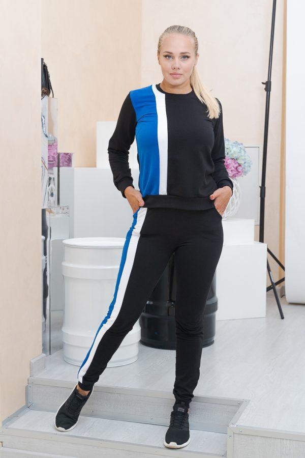 Костюм жіночий спортивний чорного кольору з синьо-білими смугами One-Point
