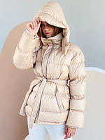 Женская бежевая куртка зефирка с поясом размер SM, ML, LXL