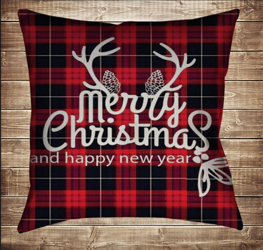 Подушка з новорічним принтом Merry Christmas. Red Tartan