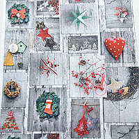 Ткань скатертная новогодняя с елочками и звездами на лоскутном деревянном сером, ш. 130 см Ширина 180 см