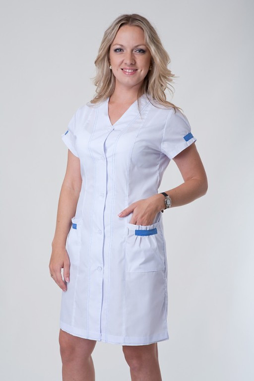 Медичний халат білий із коротким рукавом кольорові вставки на кишенях батист ( розмір 40-60)