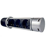 Меблева розетка вертикальна 3х16А, 2хUSB 2.4 А, сріблястий металік, фото 2