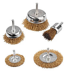 Набір щіток MASTERTOOL 5 шт. — торцева/дискова зі стрижнем 1⁄4" Ø 25/50/75//50/75 мм із латункованого рифленого дроту 19-9501