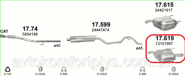 Глушник (вихлопна система) OPEL VECTRA C 1.6 i 16V (1598 см3) (05-09гг) (Опель Вектра Ц) седан/хетчбек