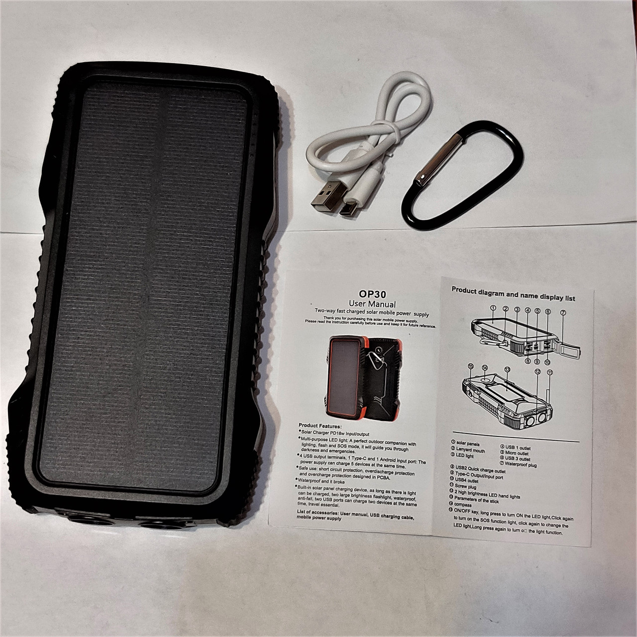 OP30 Solar powerbank 20000 mAh 4 USB, micro USB, Type-C, універсальна мобільна сонячна зарядка