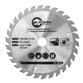 Диск пиляльний по деревині з твердосплавними напайками 160*20*1.5 мм, 30 зубів INTERTOOL CT-3016 pwtl