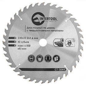 Диск пиляльний по деревині із твердосплавними напайками 230*22*1.6 мм, 40 зубів INTERTOOL CT-3044 pwtl