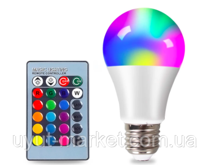 Світлодіодна лампа 5 Вт RGB кольорова Е27 з пультом, LM734