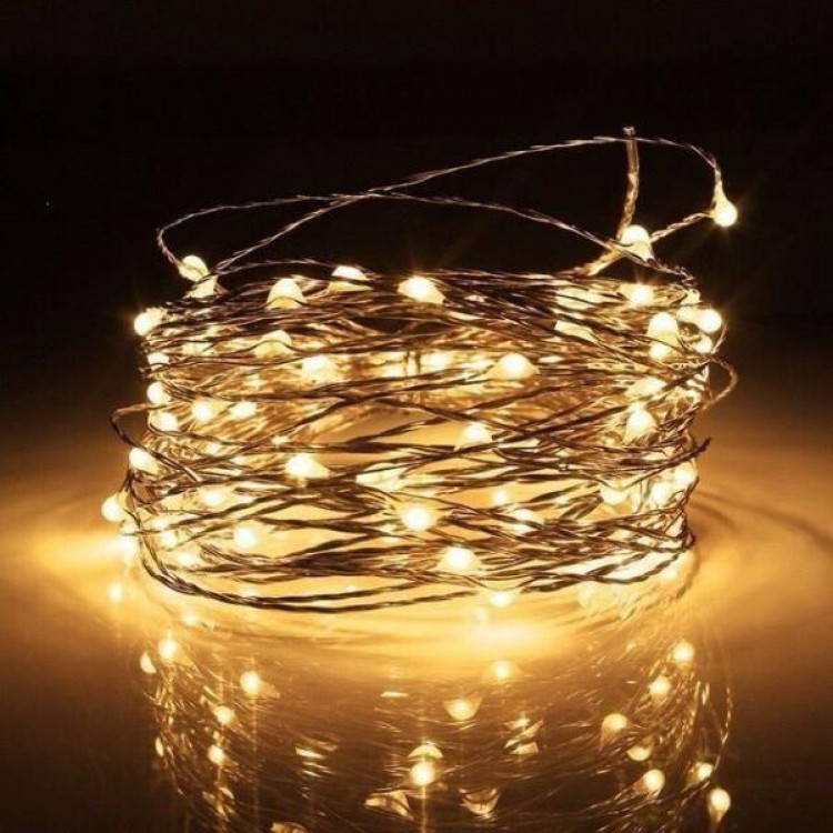 Світлодіодна гірлянда роса на батарейках 10 м, 100 LED (Жовтий), фото 1