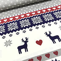 Ткань польская хлопковая, олени с красными, белыми сердечками и снежинками на полосках на молочном (купон)