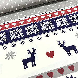 Тканина польська бавовна, олені з червоними і білими сердечками та сніжинками на смужках (купон) (0310)
