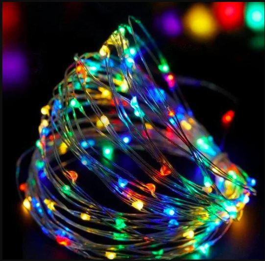 Гірлянда мідний дріт 100LED (RD-7110) 10м БЖ 5В 220V Провід-Срібло, Колір ламп-RGB (100)