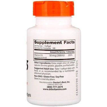 Doctor's Best Vitamin D3 50 mcg (2000 IU) 180 Softgels, фото 2