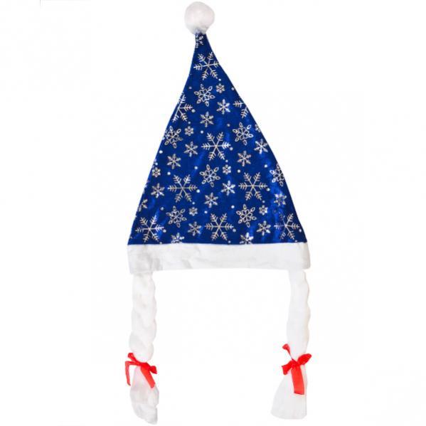 Шапка Снігурочки синя з білою окантовкою та косичками, фото 1