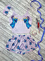 Пижама (шорты и майка) женская шелковая с принтом Stitch сиреневая