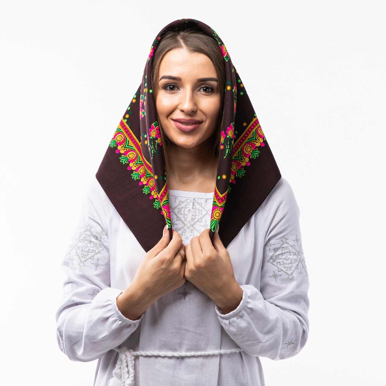 Японська вовняна хустка 75х75см Коричнева, фото 1