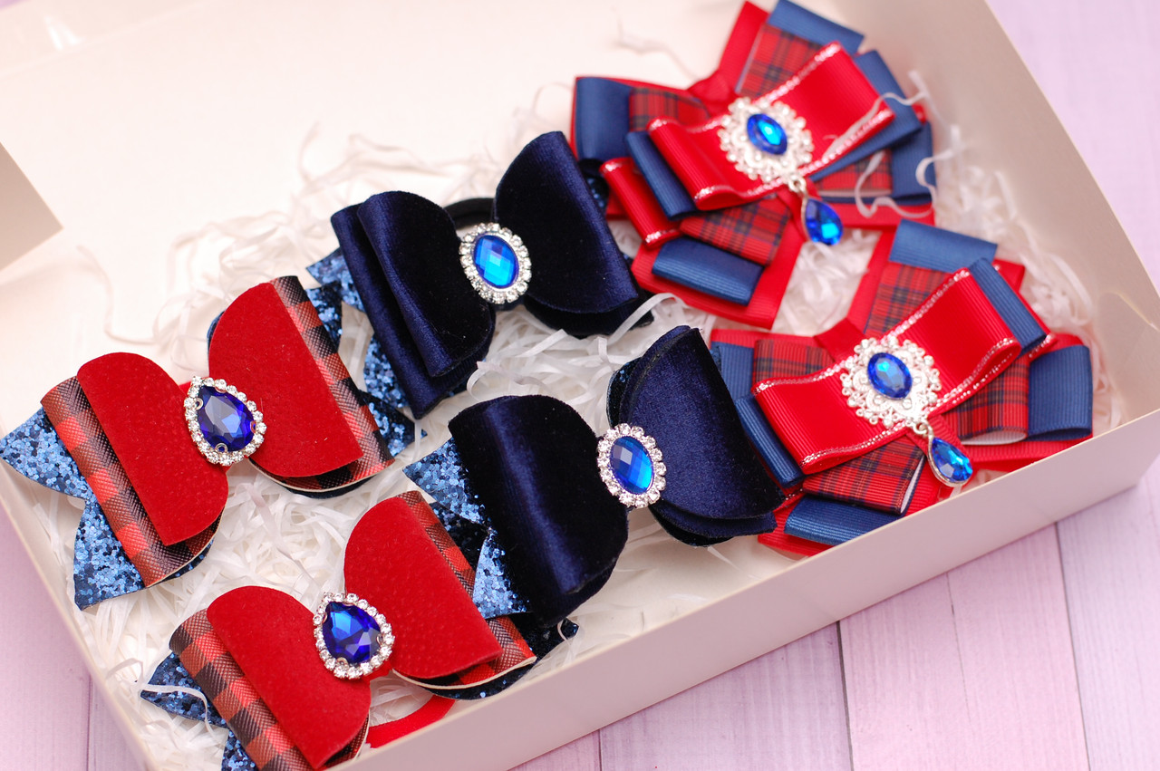 Набір гумки бантики подарунок для дівчинки червоно-синій в подарунковій коробці 334  Об, фото 1