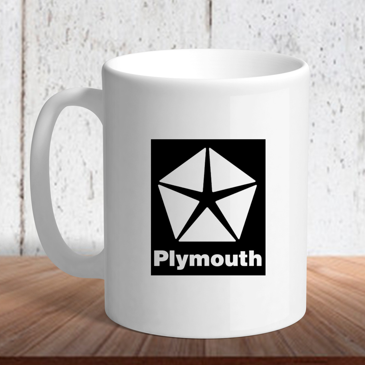 Біла кружка (чашка) з логотипом автомобіля "Plymouth logo"