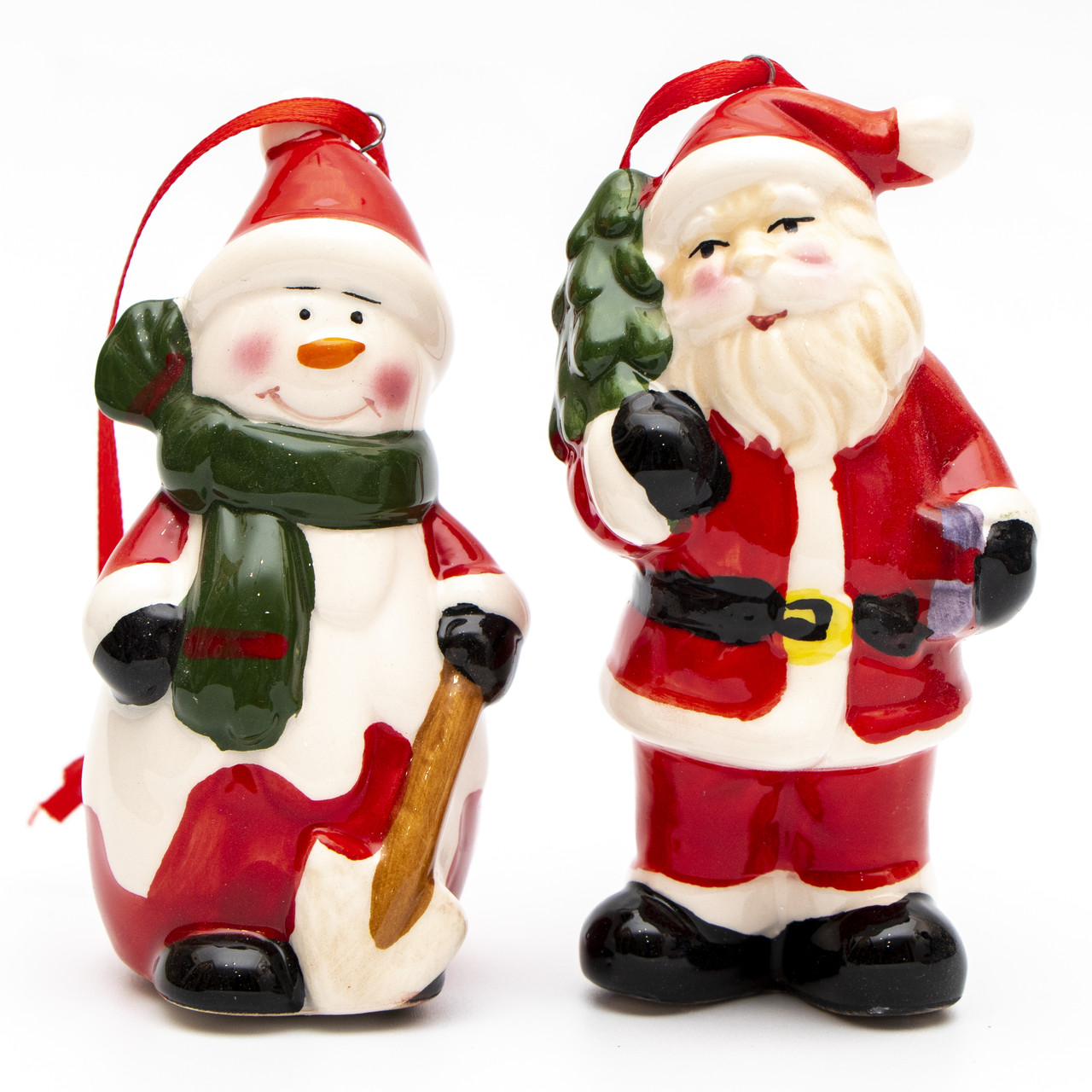 Набір ялинкових іграшок - Дід Мороз та сніговик на мотузці, 2 шт, 9 см, червоний, кераміка (440078-1)