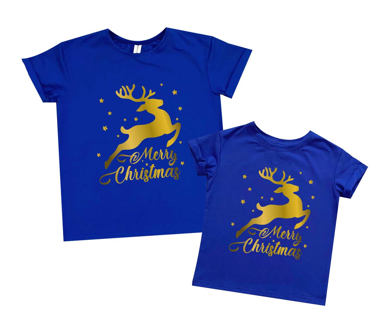 Новорічні набори футболок family look "merry christmas олень у стрибку" Family look