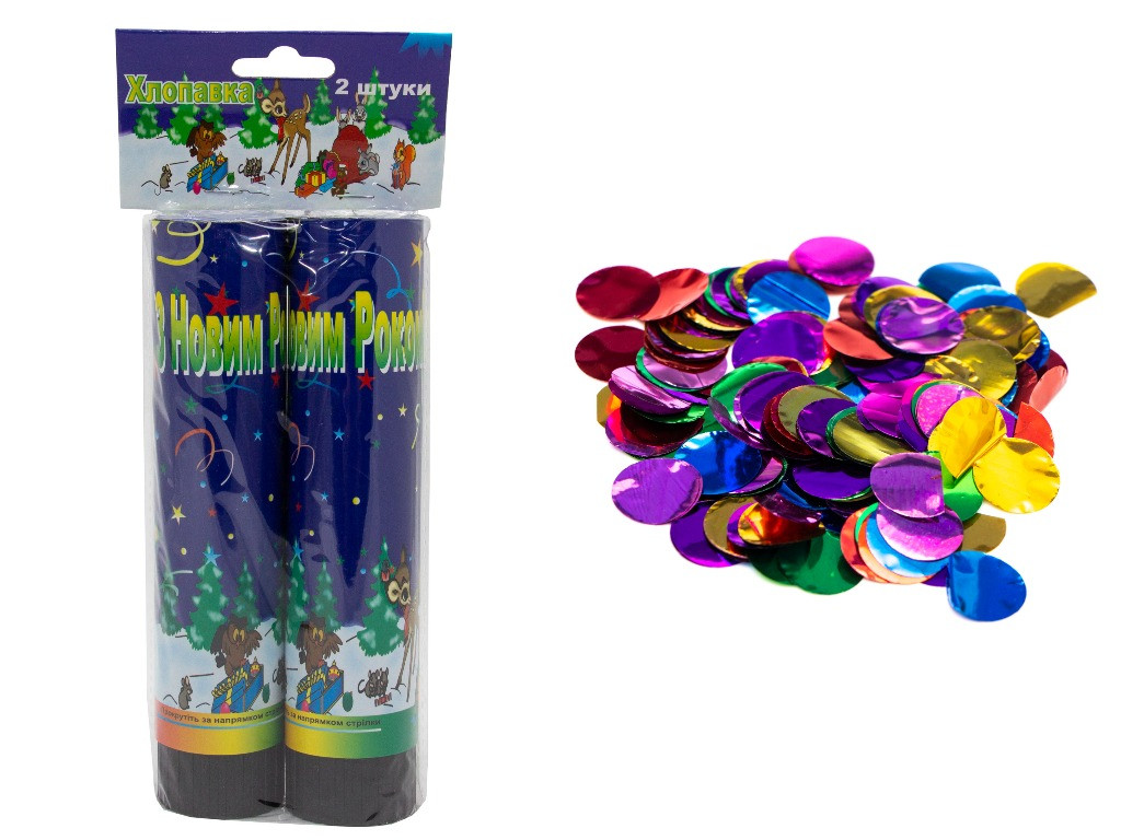 Хлопавка пружинна, 21 см, 2 шт в наборі, різнокольорові кружечки з фольги (400133), фото 1