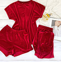 Плюшева піжама-трійка футболка шорти штани S-M червоний