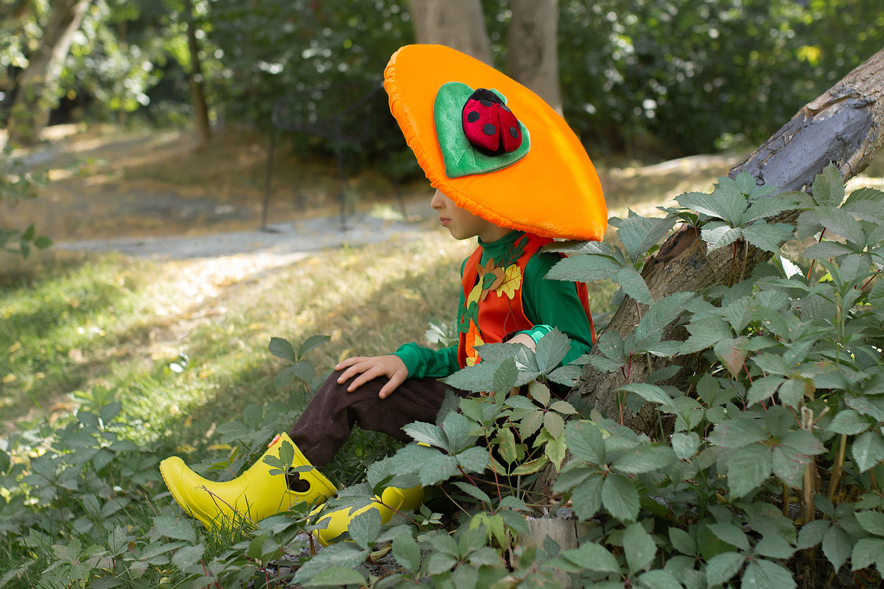Дитячий карнавальний костюм гриба Лисички для хлопчика на зріст 104-110, 110-116 см