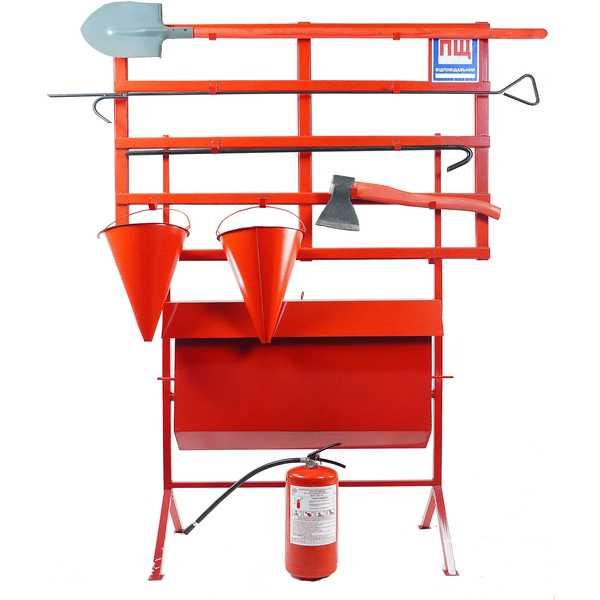 Стенд пожежний з щитом відкритого типу з комплектацією (багор/лом/лопата/топор/відро 2) з перекидним ящиком, фото 1