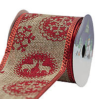 Декоративна стрічка в рулоні червона сніжинка та олень, d=6,3 см, 3м, поліестер (080594-1)