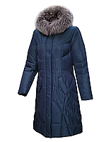 Пуховик пальто женский длинный, натуральный пух, чернобурка, капюшон Mirage Морская волна Размер 46