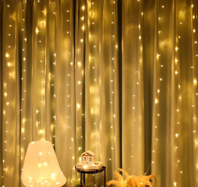 Світлодіодна гірлянда штора Водоспад 240-WW led 2х2м (прозорий провід) Золотий світло, фото 1