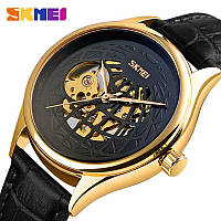 Чоловічий механічний годинник скелетон Skmei 9209 золотий з чорним циферблатом